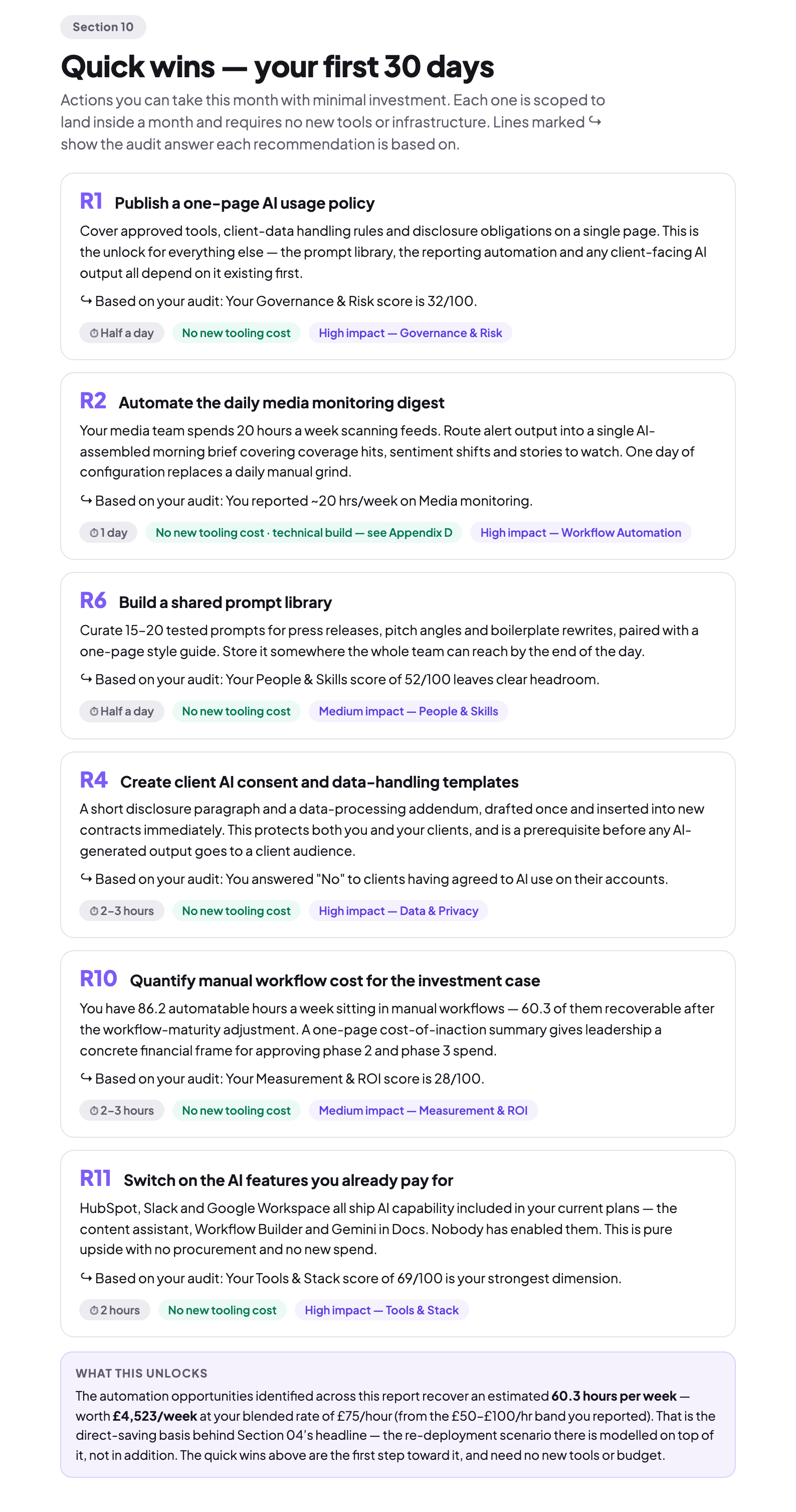 The quick-wins page of the sample report: each action with its effort, its cost, and the audit answer it was derived from
